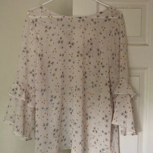 Sweet, bumblebee, sheer mid length, sleeve, open upper back feminine loose fit